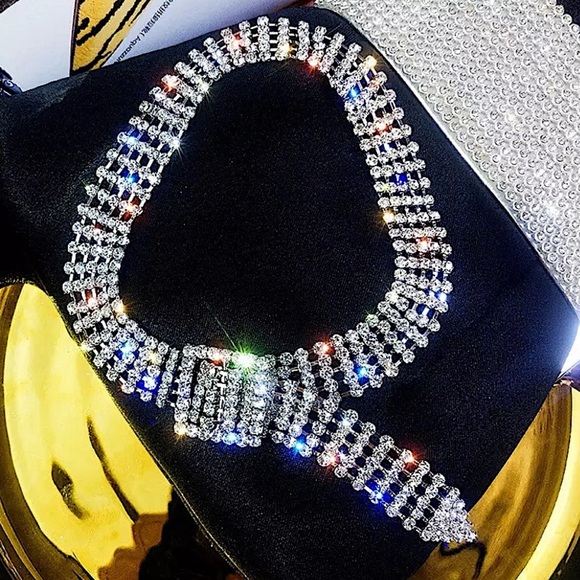 Silver Belt Buckle Crystal Rhinestone Choker - Picture 7 of 14